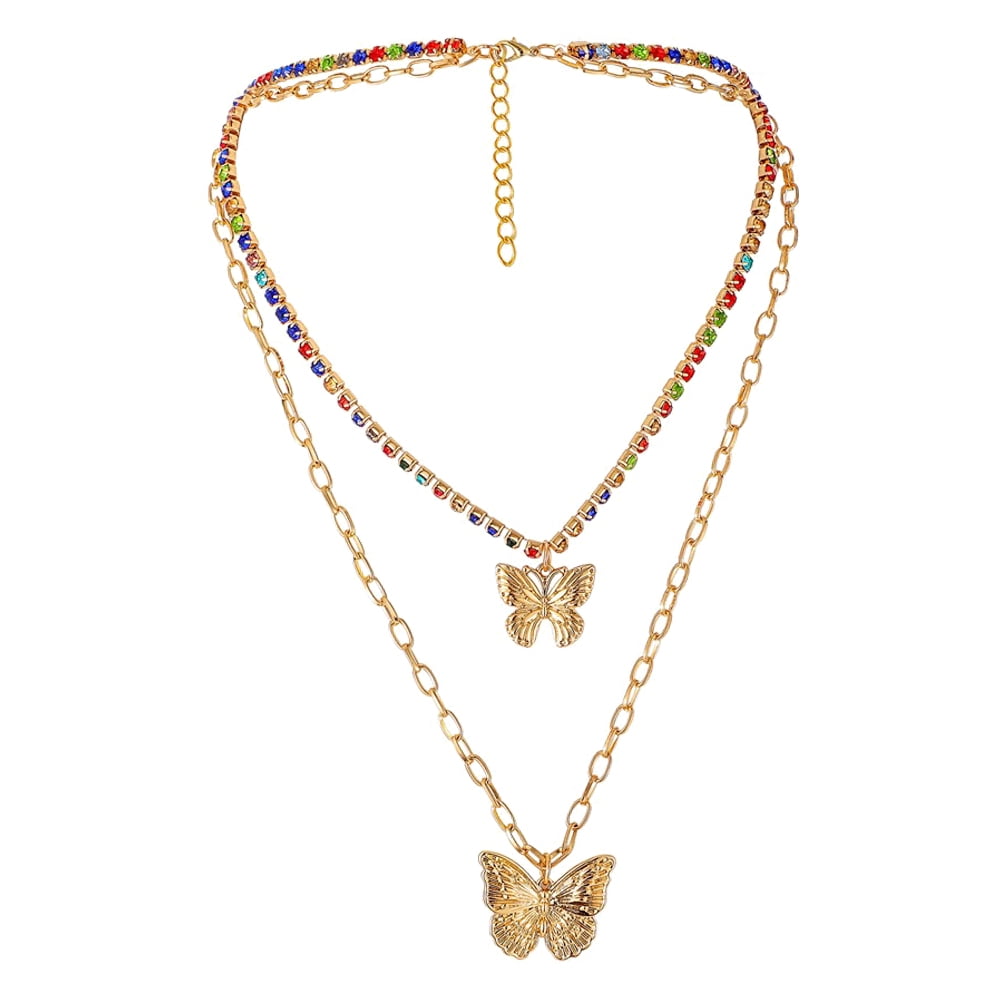 Download Mojoyce Mojoyce Retro Women Double Layers Necklace Color Rhinestone Butterfly Pendant Chain Walmart Com Walmart Com