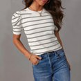 thumbnail image 1 of SDNall T-Shirts en Tricot à Manches Courtes Bouffantes pour Femmes, Col Ras du Cou Tendance, T-Shirts Rayés, Chemisiers d'Été Décontractés, 1 of 9