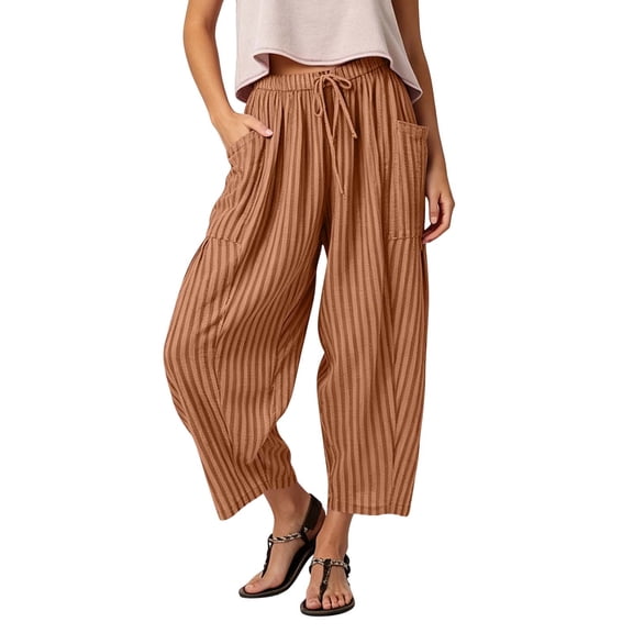QIYAGBSA Women's Striped Pants Relaxed Wide Leg Drawstring Waist Summer Casual (Brown, 3XL)