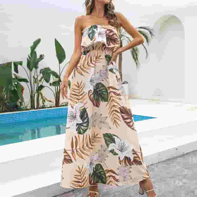 Homgro Women's Summer Dress Strapless Boho Floral Long Maxi Homgro Women's Summer Dress Strapless Boho Floral Long Maxi