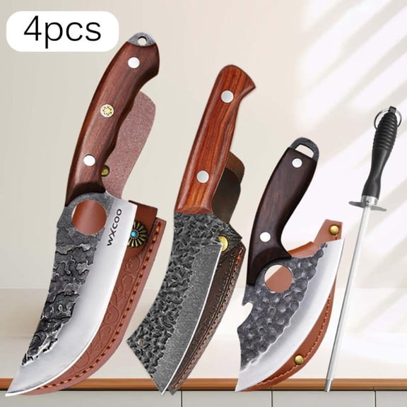 4PCS Stainless Steel Chef Knife Set Santoku Utility Paring Knife Kitchen Accessories Forged Knife Bread Knife Multipurpose Knife Meat Cleaver Boning Knife Knife Sharpener Kitchen Items for Men Beef