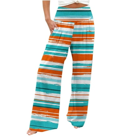 

YanHoo Women s Baggy Long Pants Linen Straight Wide Leg High Waist Yoga Trouser Summer Beach Printing Pants with Pockets