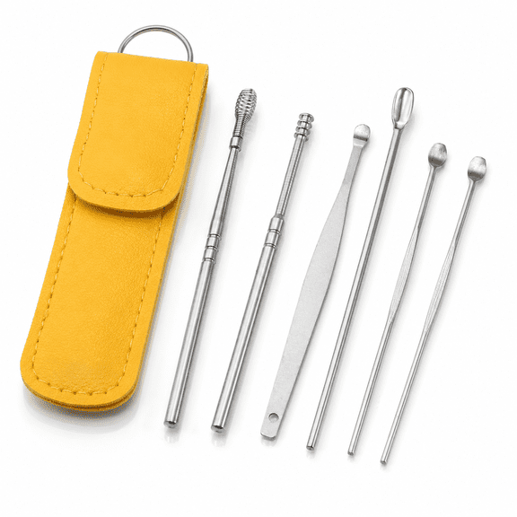 6Pcs Stainless Steel Ear Cleaner Ear Care Set Ear Cleansing Tool with Yellow Faux Leather Packaging