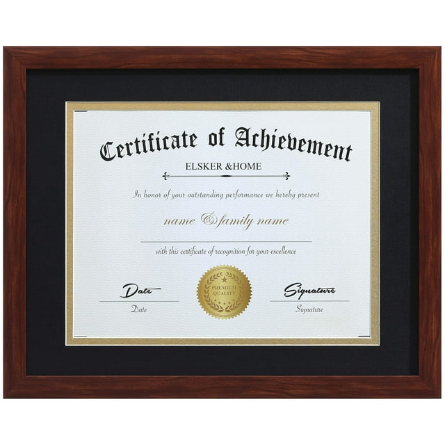 ELSKER&HOME 8.5x11 certificate frame in classic coffee color with a matte black and gold rim. Designed for diplomas or certificates, it accommodates 8.5x11 inch documents with mat or 11x14 inch documents without mat. The smooth black finish and durable polymer board ensure safety and transparency. Ideal for home décor, office use, or gifting, with rotary buttons and hooks for horizontal or vertical placement on walls or desks.