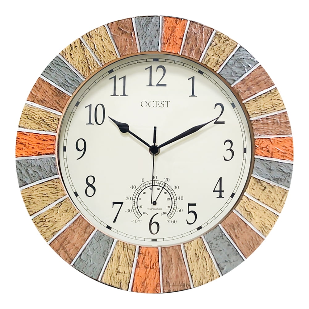 OCEST 13" Silent Outdoor Indoor Wall Clock with Thermometer, Waterproof