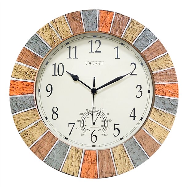 OCEST 13" Silent Outdoor Indoor Wall Clock with Thermometer, Waterproof