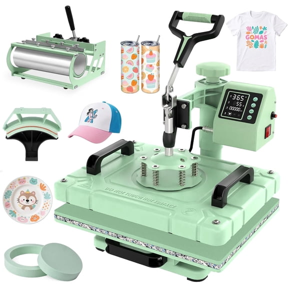 PNKKODW 12x15 inch 5 in 1 Heat Press Machine with 30OZ 20OZ Tumbler, 360° Swing Away Digital Heat Transfer Sublimation for T-Shirt, Hat Cap Plate,Green