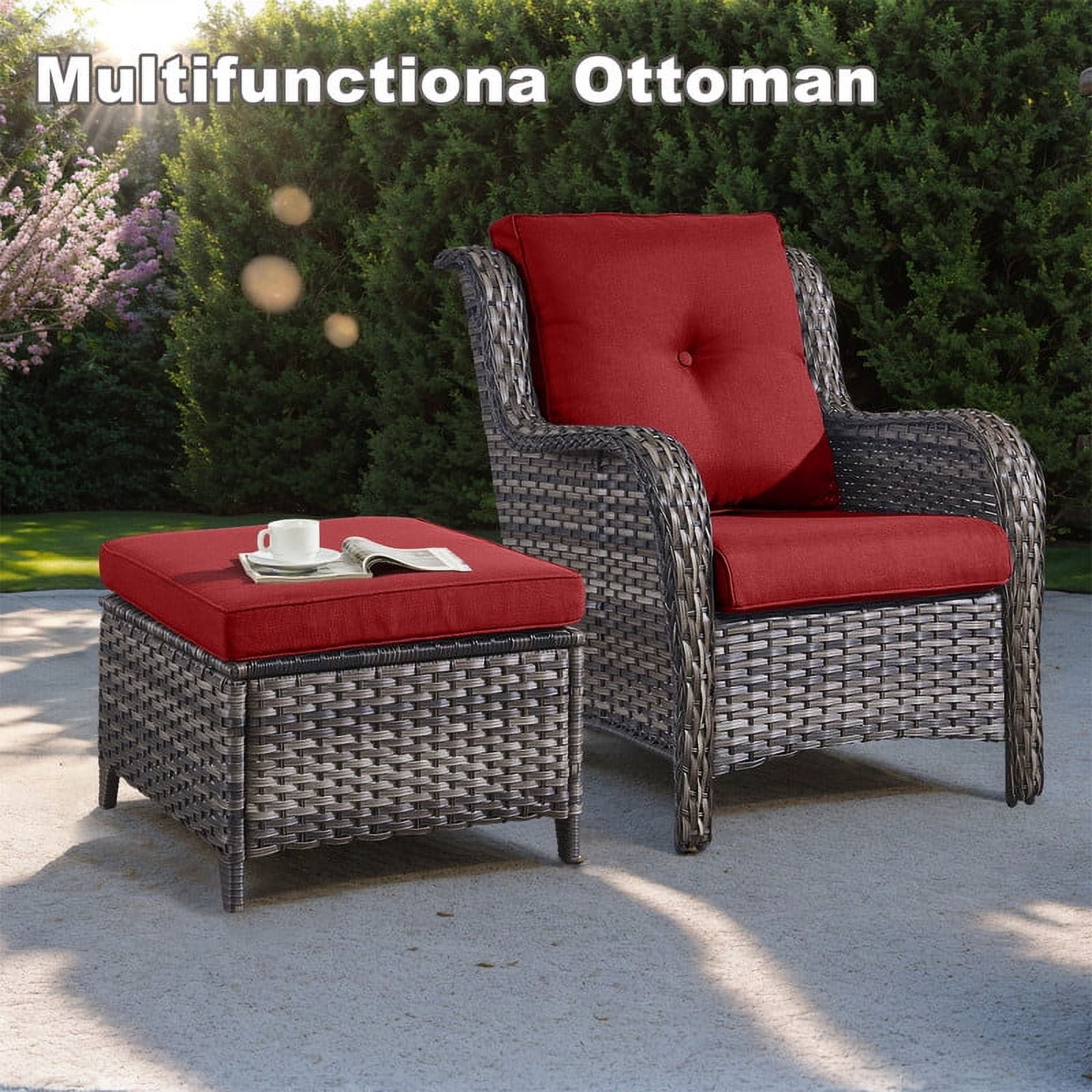 PARKWELL 2PCS Outdoor Wicker Ottoman Patio Rattan Furniture Footrest Seat Square Footstool w/Red Cushion