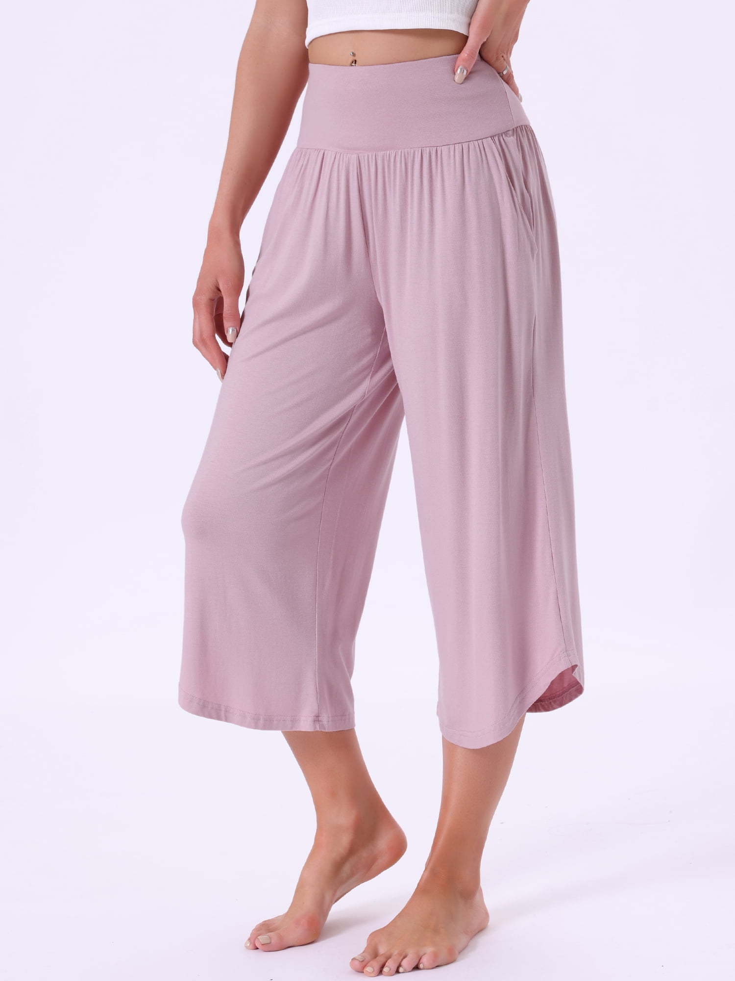 DARING DIVA Women's Capri Lounge Yoga Cropped Summer Casual Wide Leg Pants L Pink