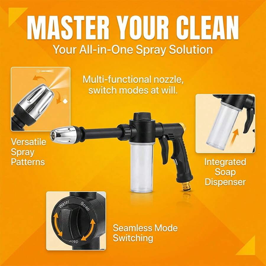 High Pressure Car Wash Spray Gun With Foam Bottle - Multifunctional Water Gun, Suitable For Pets, Motorcycles, Home And Garden - Durable Long Nozzle, Efficient Cleaning And Irrigation, Battery-Free