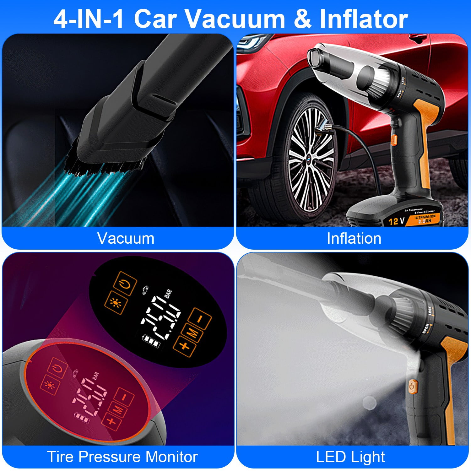 Imountek 4 in 1 Cordless Car Vacuum Cleaner and Tire Inflator, 150PSI Rechargeable Air Compressor Pump with LED Light & Digital Display