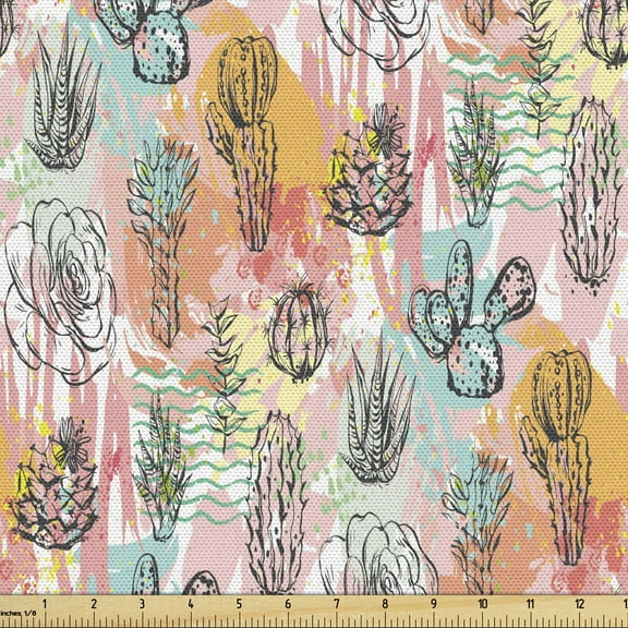 Ambesonne Cactus Fabric by the Yard Upholstery, Succulent Plants Colorful, 5 Yards, Multicolor