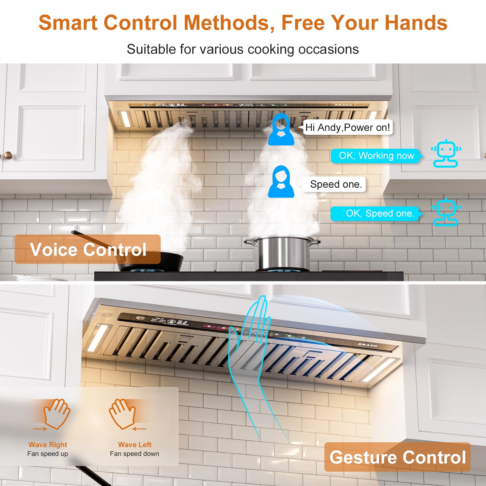 BRANO 36 Inch Stainless Steel Range Hood Insert,900 CFM Smart Voice/Gesture/Touch Control,with 4 Speed Exhaust Fan