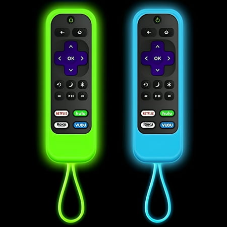 2 Pack silicone Roku remotes cover case Compatible with| TCL Roku | Hisense Roku remote | Roku Streaming Stick+ | Roku Streaming Stick | Insignia Roku TV Model Year 2016-2019 (Luminous Green + Blue)