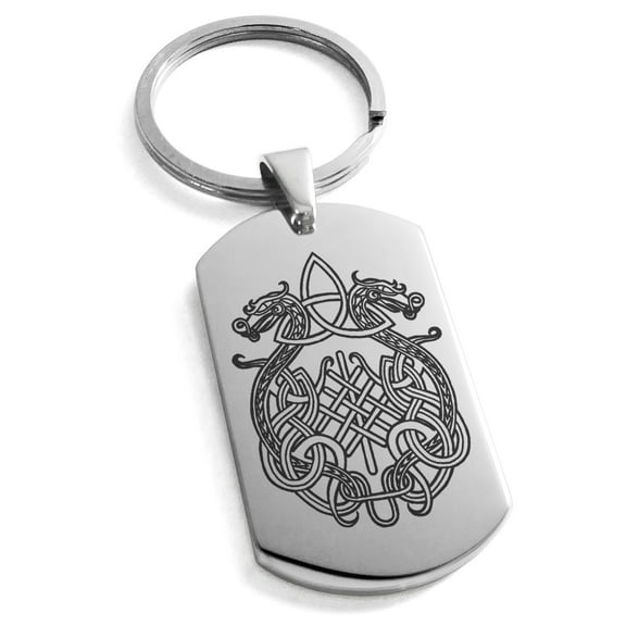 Tioneer Stainless Steel Dragon Knot Skuld's Net Viking Rune Engraved Dog Tag Celtic Keychain Keyring
