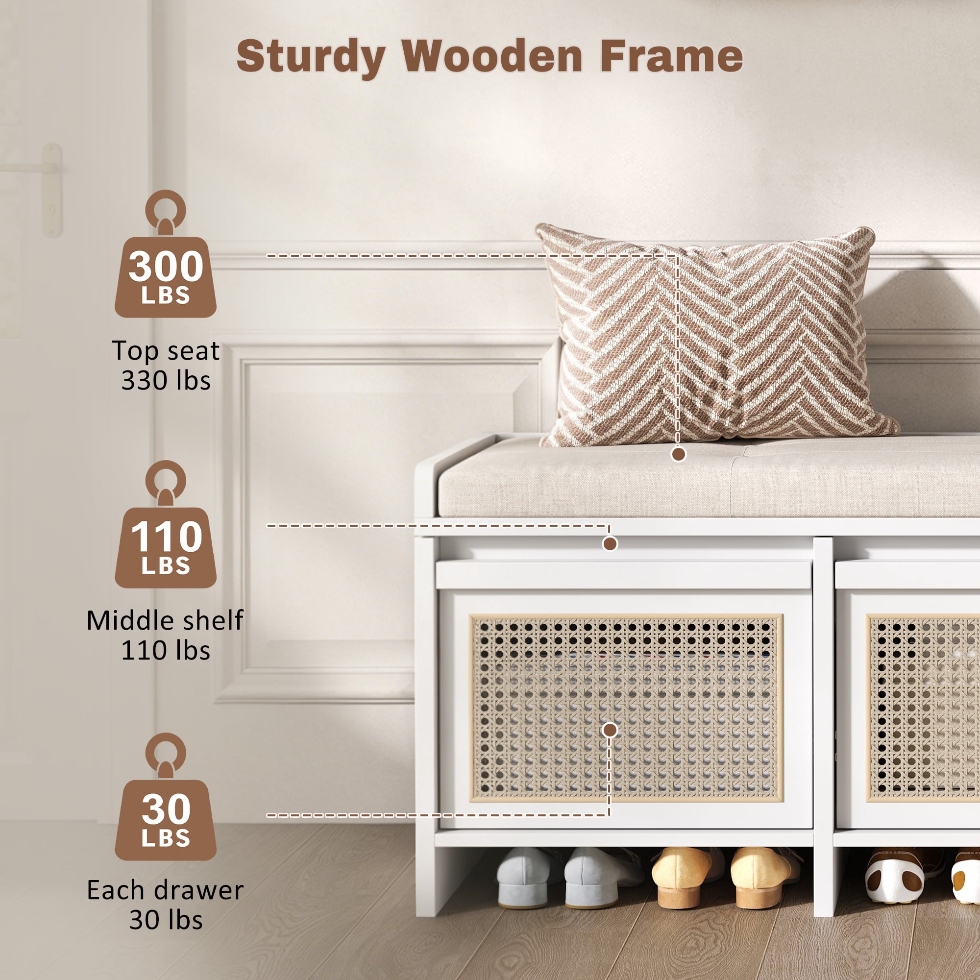 Shoe Bench 48 Inch Entryway Storage Bench with Rattan Drawers and Tufted Cushion, Hallway Seating and Shoe Rack Organizer for Living Room Foyer, White