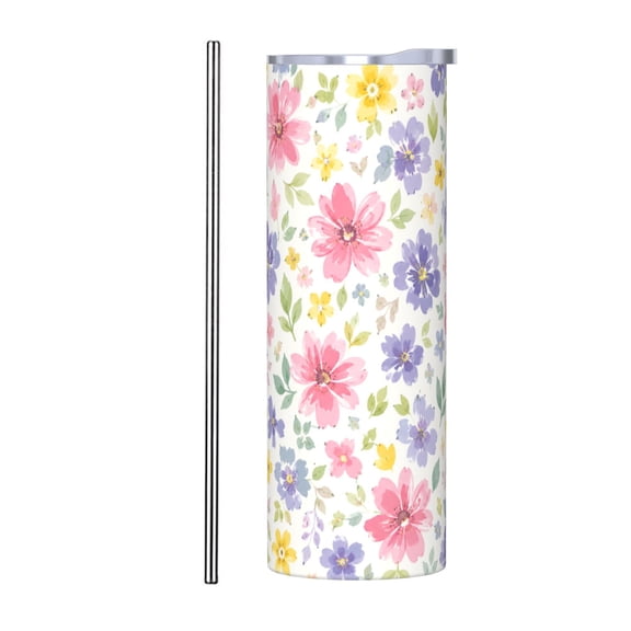 Watercolor Wildflower 20oz Insulated Tumbler with Straw Car Cup Holder Travel Coffee Cup Gift with Stainless Steel Straw