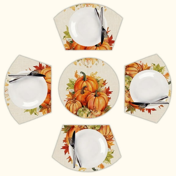 Fall Thanksgiving Maple Leaf Pumpkin Watercolor Round Table Placemats Set Of 5 Wedge Table Mats Washable Heat Resistant Place Mat For Dining Table Kitchen Farmhouse Restaurant