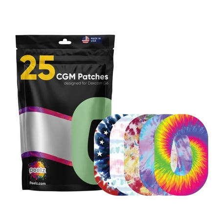 Peelz Dexcom G6 Adhesive Patches 25 Pack - US-Made Waterproof CGM Sensor Patches for 15+ Days - Sensitive Skin Diabetic Patches for Glucose Monitor - Dexcom Stickers - (Tie-dye Pack)