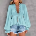 thumbnail image 2 of QQAMB Women's Blouse Lace Solid Color Long Sleeve Top Tie Front Blouses V-Neck Lantern Shirts, 2 of 8