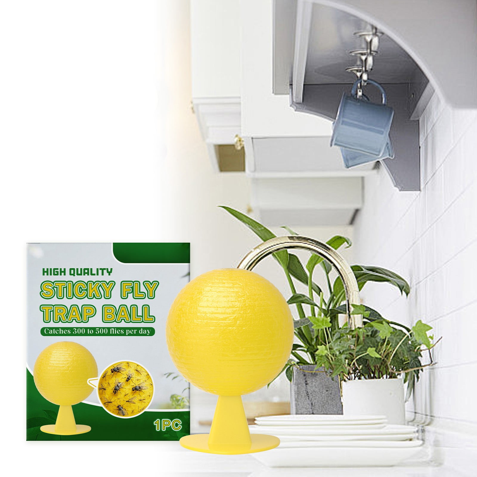 MoonSpry Sticky Fly Trap Ball - Effective Sticky Insect Catcher with Strong Adhesion for Indoor Outdoor Use, Home Patio Garden Kitchen - Yellow Fly Trapper with Stand for Flying Insects
