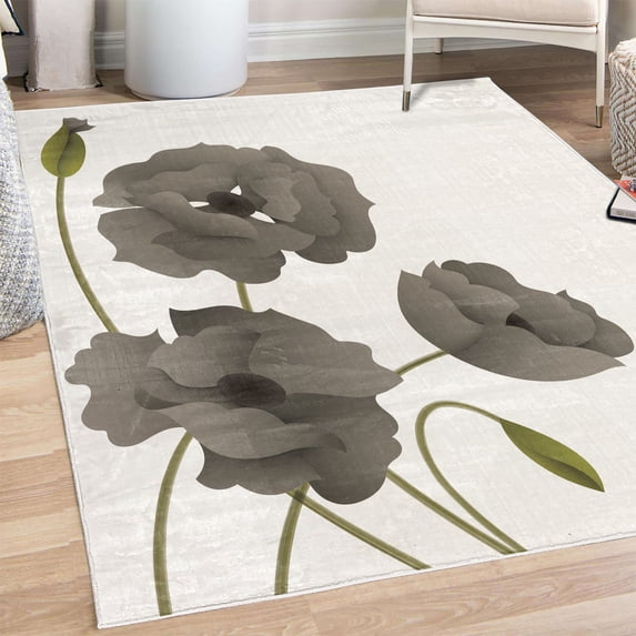 Floral Decorative Rug, Poppy Flowers Vivid Petals Buds Pastoral Purity Mother Earth Nature Design, Quality Carpet for Bedroom Dorm and Living Room, 6 Sizes, Charcoal Grey, by Ambesonne