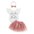 thumbnail image 1 of Faithtur Baby Girls Summer Jumpsuit Set Letter Print Ruffled Short Sleeves Rompers and Mesh Skirt with Headband, 1 of 8