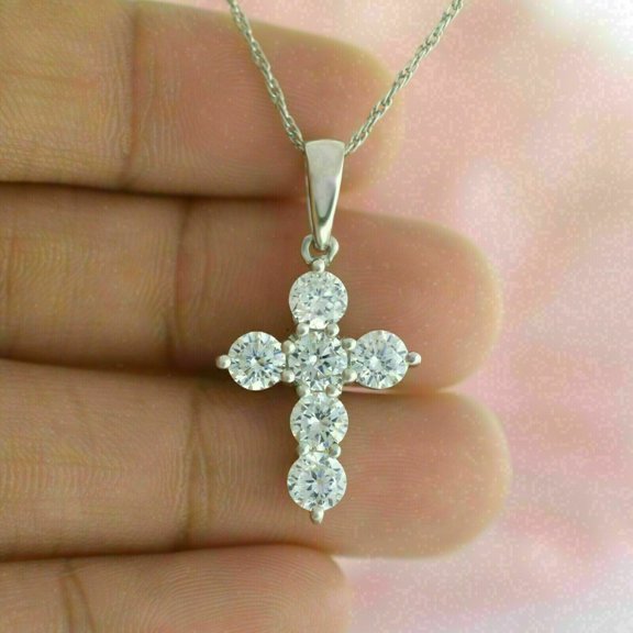 Hitanshu Jewels 14k White Gold Finish Women's Cross Pendant Necklace 18"White Round Cut Cubic Zirconia