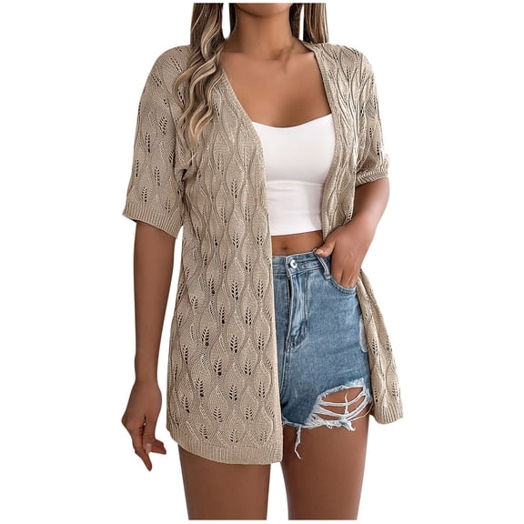 JIUKE Summer Cardigan for Women Crochet Knit Short Sleeve Tops Open Front Hollow out Lightweight Cover Ups