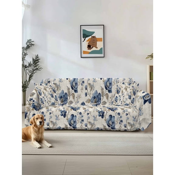 Blue Gray Spring Floral Couch Cover Sofa Covers 3 Cushion Sectional Couch, Vintage Botanical Washable Sofa Covers Slipcover Sectional Sofa Cover, Furniture Protector 71"x150"