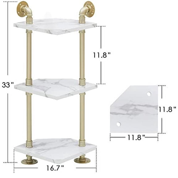 ivinta Corner Bookshelf with Storage, Wall Mount Pipe Shelves, White Corner Shelf Stand, Gold Metal Décor Bookcase, Modern Shelf Organizer Display Stand Rack for Bedroom, Living Ro