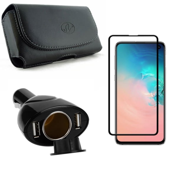 Galaxy S10e Screen Protector w Case Belt Clip w Car Charger - Tempered Glass 5D Curved Edge, Leather Holster Cover, DC Socket 2-Port USB Power for Samsung Galaxy S10e Phone