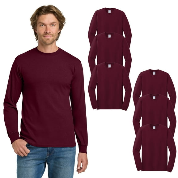Gildan Men's Heavy Cotton Long Sleeve T-Shirt, Maroon, Classic Fit, Soft 100% Cotton, 6-Pack, S