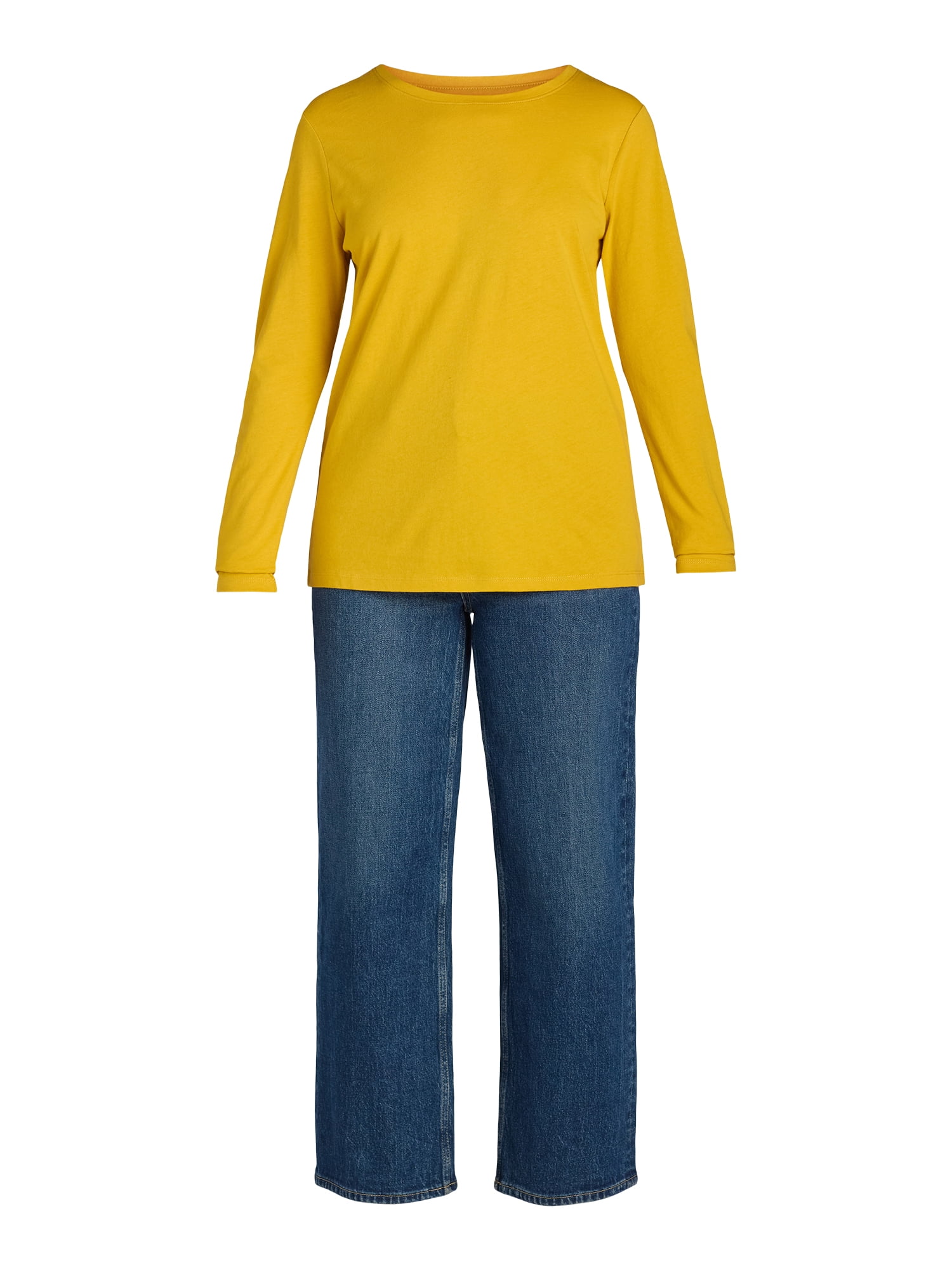 Time and Tru Women's Cotton Crewneck Tee with Long Sleeves, Single and 3 Pack, Sizes XS-XXXL