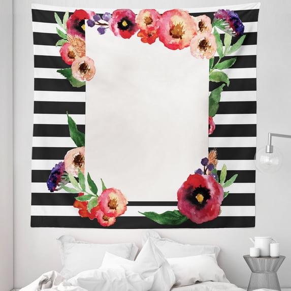 Floral Tapestry, Watercolor Flowers and Leaves Around a Rectangle on Monotone Stripes, Fabric Wall Hanging Decor for Bedroom Living Room Dorm, 5 Sizes, Charcoal Grey Multicolor, by Ambesonne