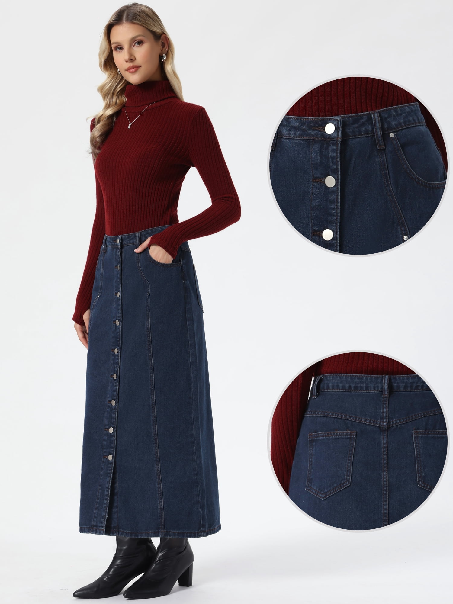 DARING DIVA Women's Denim Skirt Midi Length Button Down Jean Skirts M Deep Blue