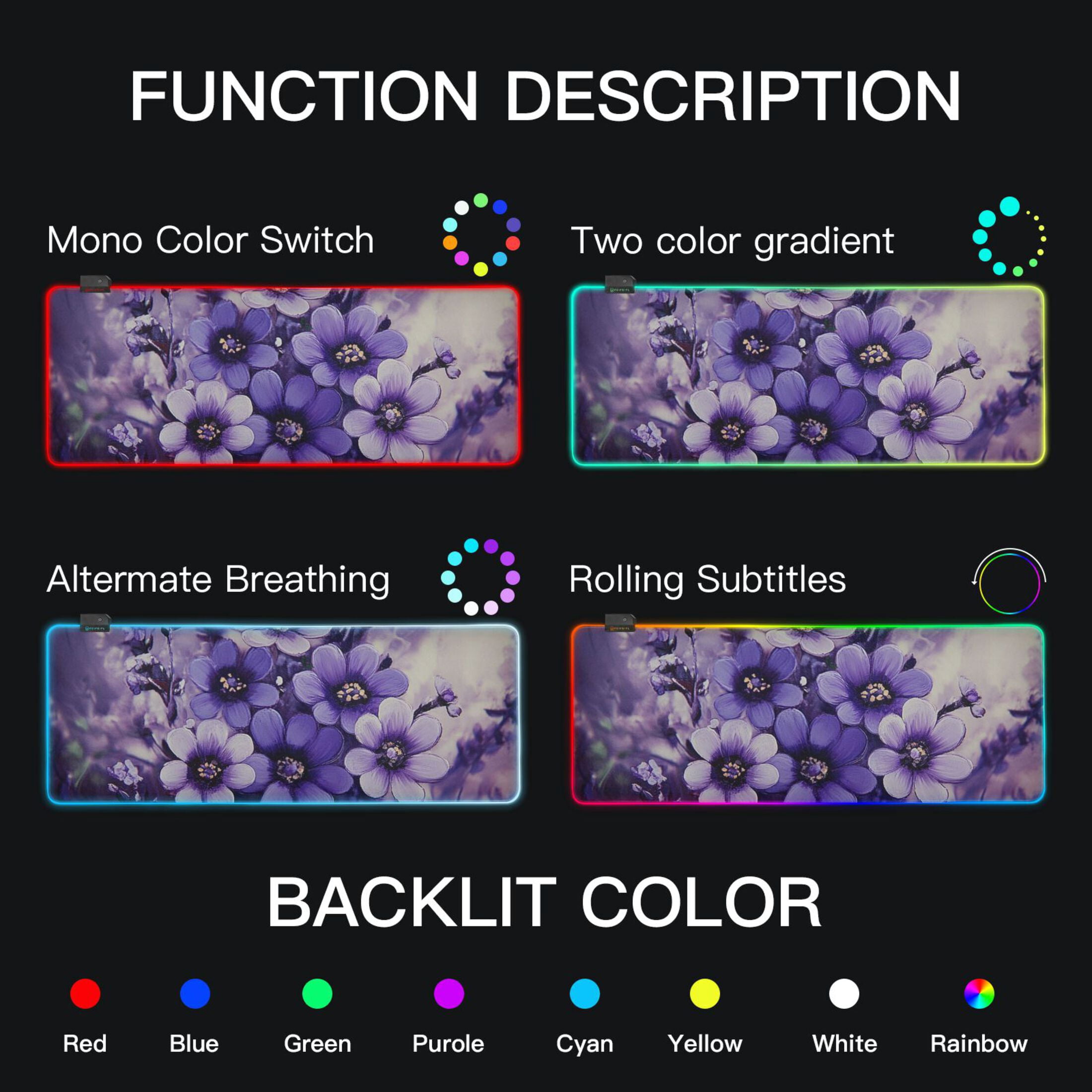 Purple Beautiful Flowers RGB Gaming Mouse Pad Large Keyboard Mat Rubber Base 13 Light Modes