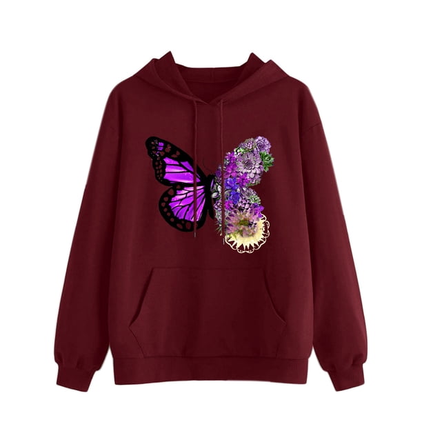 Sudadera estampada con capucha Gibobby para mujer informal Manga larga (Vino, S)