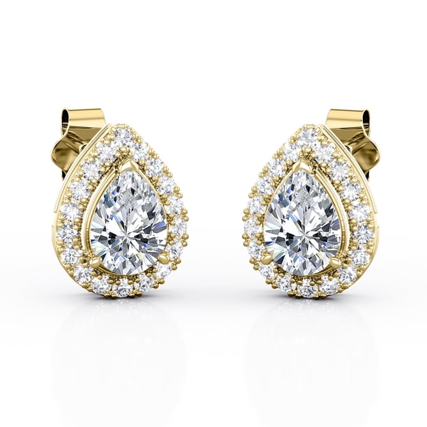 JeenMata Aros con Halo de Moissanita en Forma de Pera de 2,2 Quilates con Engaste Triple de Puntas en Baño de Oro Amarillo de 18 K sobre Baño de Plata