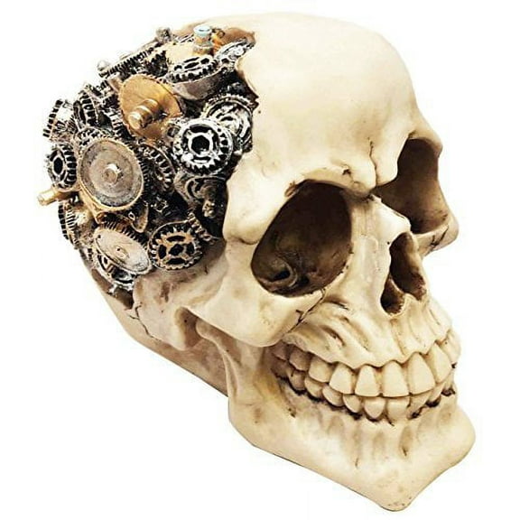 STEAMPUNK PROTRUDING GEARWORK ROBOTIC HUMAN SKULL STATUE FIGURINE by ATL Autotechnik