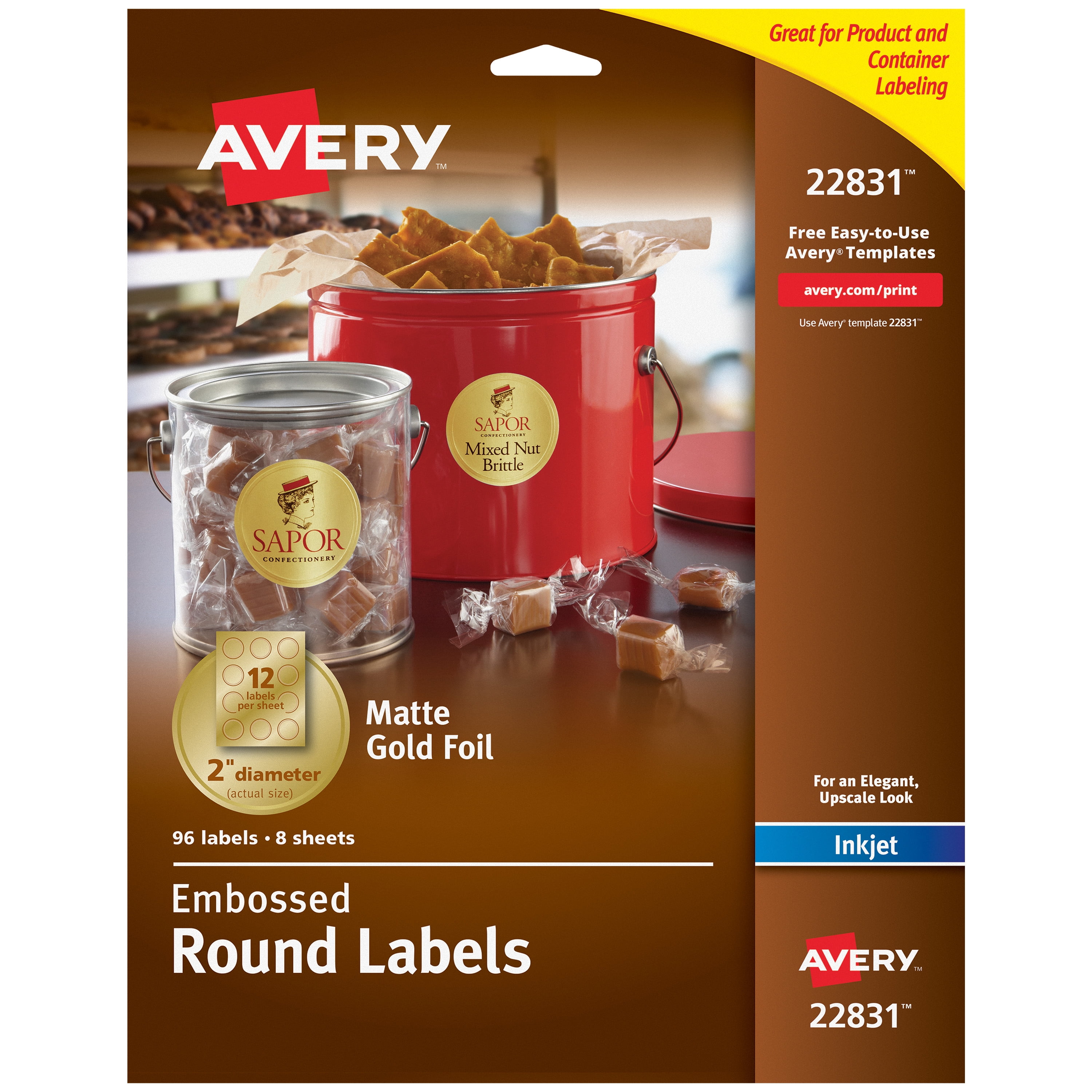Avery Easy Peel Embossed Foil Labels, Permanent Adhesive, Matte, Gold, Round, 2
