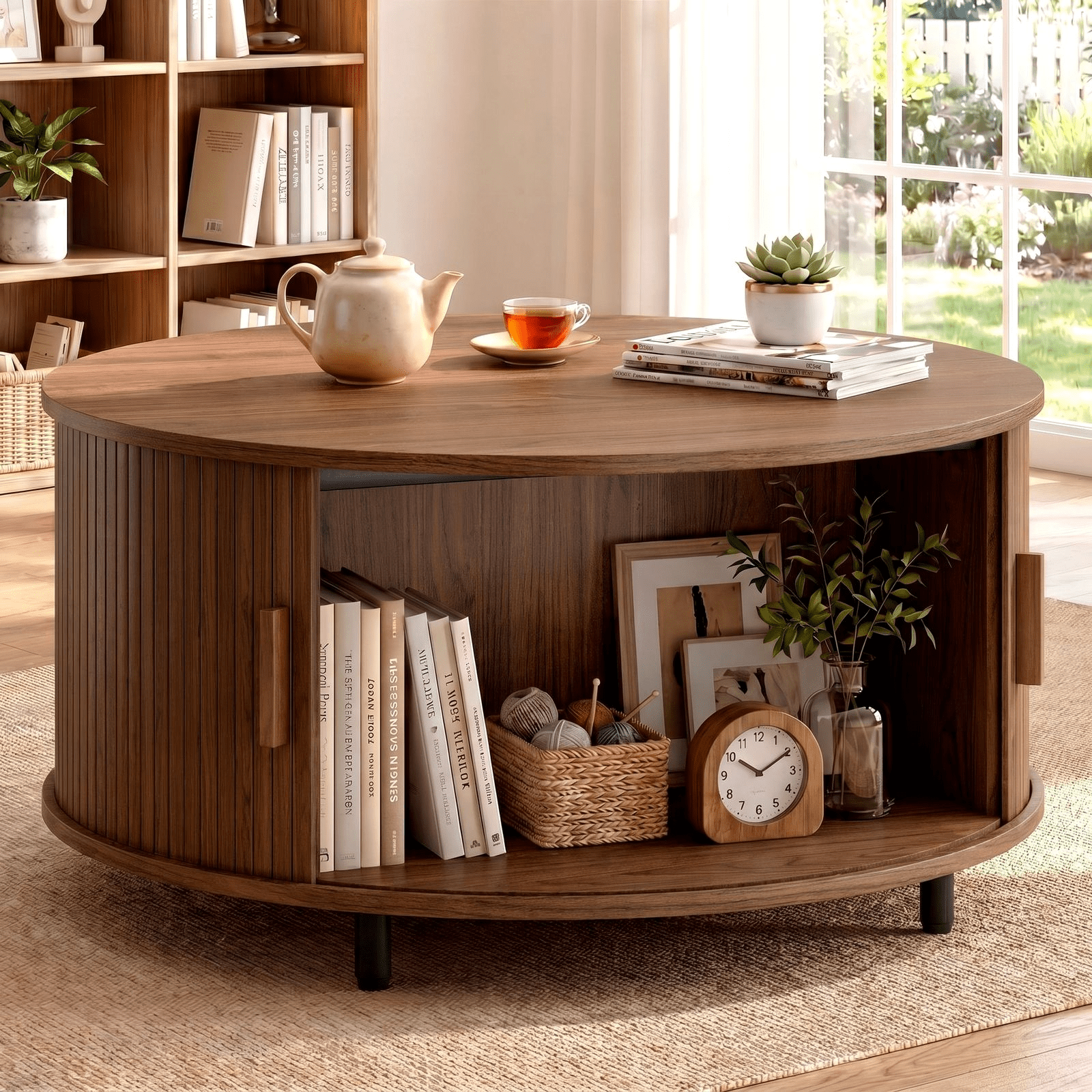 ROGALIS 31.5" Round Coffee Table with Storage, Modern Coffee Table with 360° Curved Sliding Door, Fluted Wood Coffee Table with Adjustable Footpads for Living Room, Walnut