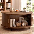 thumbnail image 3 of ROGALIS 31.5" Round Coffee Table with Storage, Modern Coffee Table with 360° Curved Sliding Door, Fluted Wood Coffee Table with Adjustable Footpads for Living Room, Walnut, 3 of 6