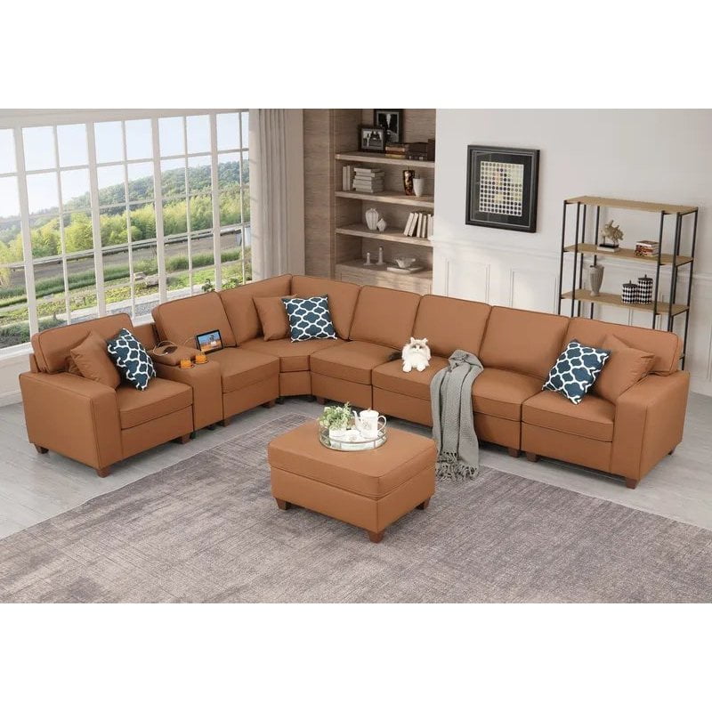 Reversible Modular Sectional Fabric Sofa With Two Ottoman
