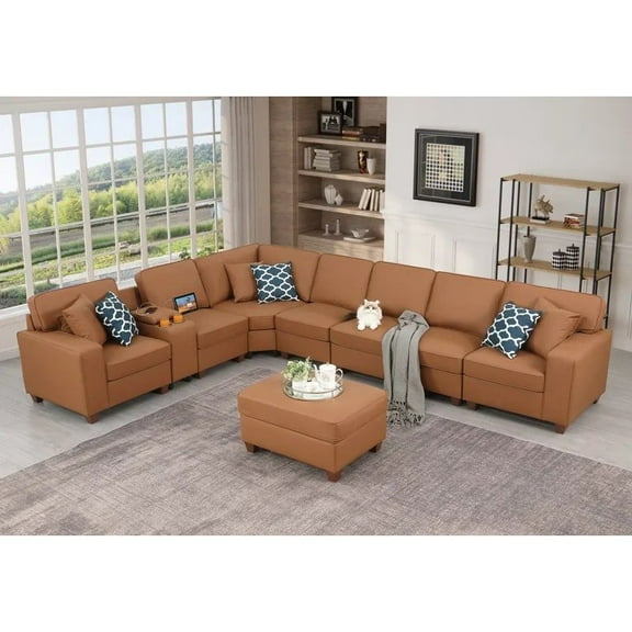 Devion Furniture Artificial Leather Modular Sectional With Ottoman And Cupholder Console - Beige