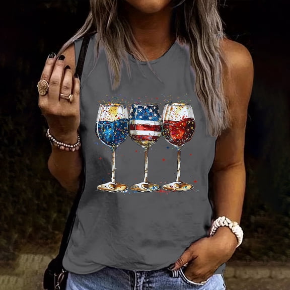 Xdegoge Patriotic Wine Glasses American Flag Graphic Tank Top for Women Sleeveless Crewneck Funny Casual Drinking Shirt Independence Day Summer Party Tees Tops
