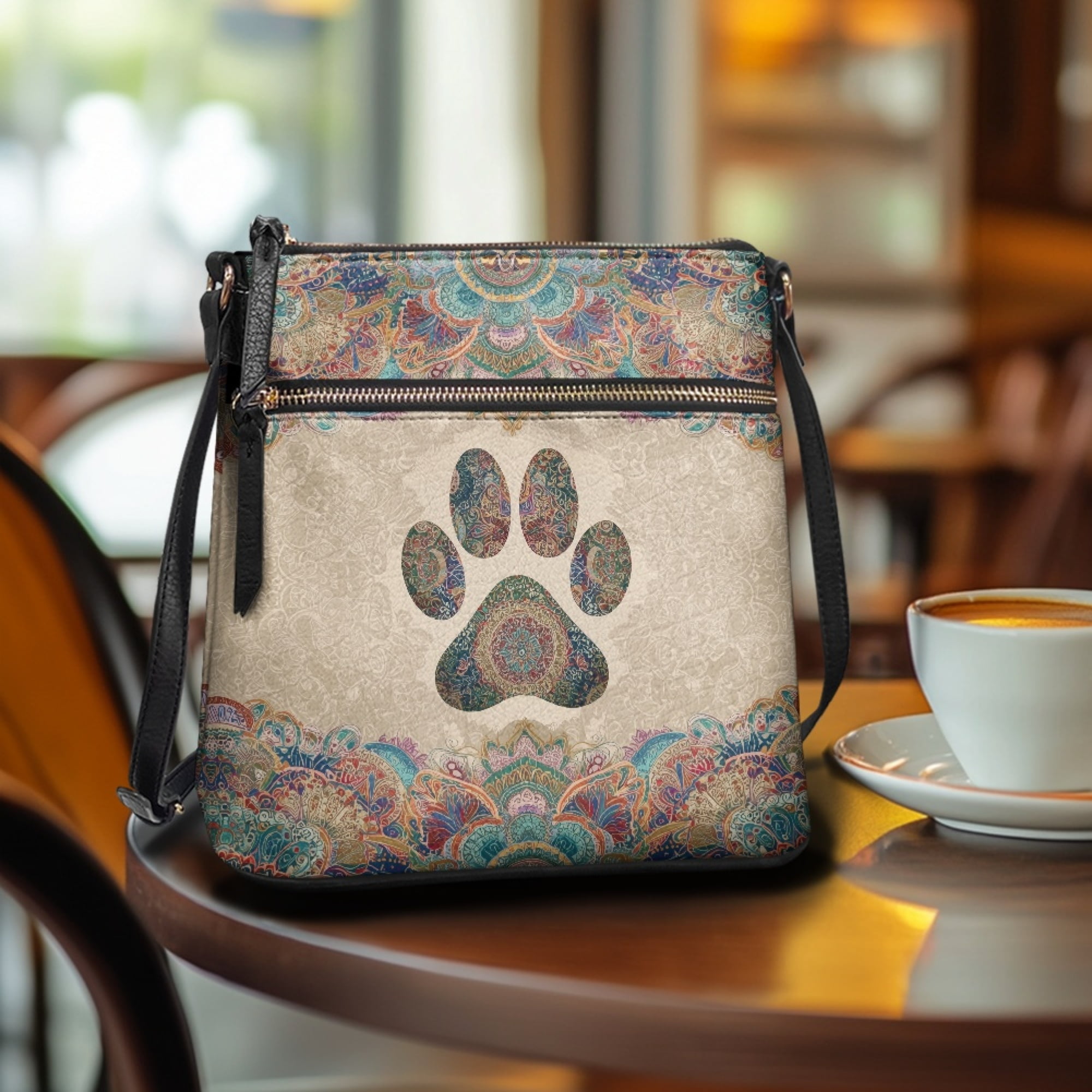 Kuiaobaty Paw Print Leather Crossbody Bag for Women, Boho Mandala Flowers Print Shoulder Handbag with Adjustable Strap, Waterproof Sturdy Sling Bag Purse Crossbody for Travel