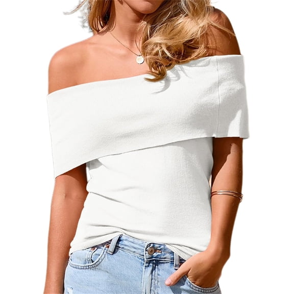 Short Sleeved Women's Off The Shoulder Sweaters Casual Knit Y2K Going Out Tops Blouses