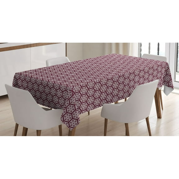 Orient Tablecloth, Boho Middle Eastern Mandala Geometric Moroccan Classic Traditional Grid Pattern, Rectangle Satin Table Cover for Dining Room and Kitchen, 60" X 84", Maroon White, by Ambesonne
