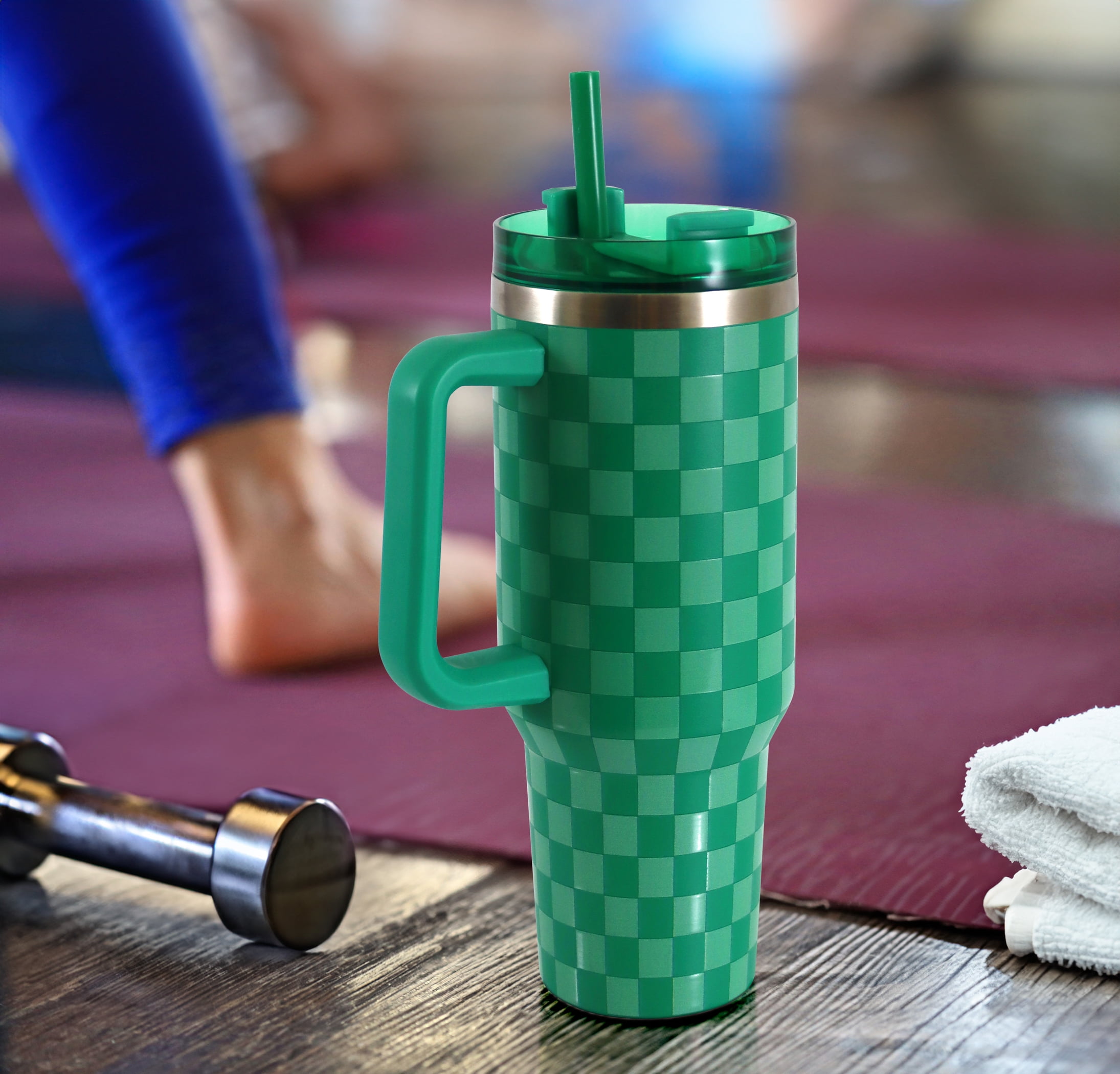 Mainstays 40 oz Stainless Steel Tumbler with Straw and Handle, Double Wall Insulated, Green Check